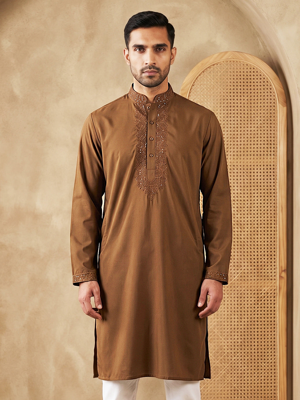 DesiQlo Men Embroidered Kurta Only - Brown - 65KO_5541Brown_S
