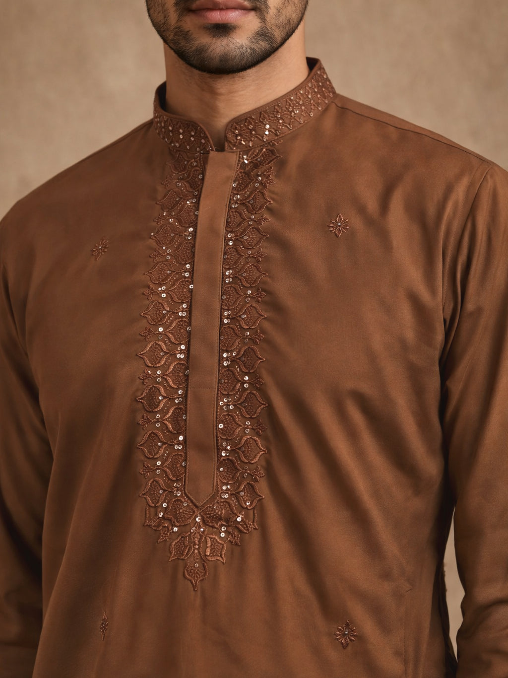 DesiQlo Men Embroidered Kurta Only - Brown - 65KO_5541Brown_S