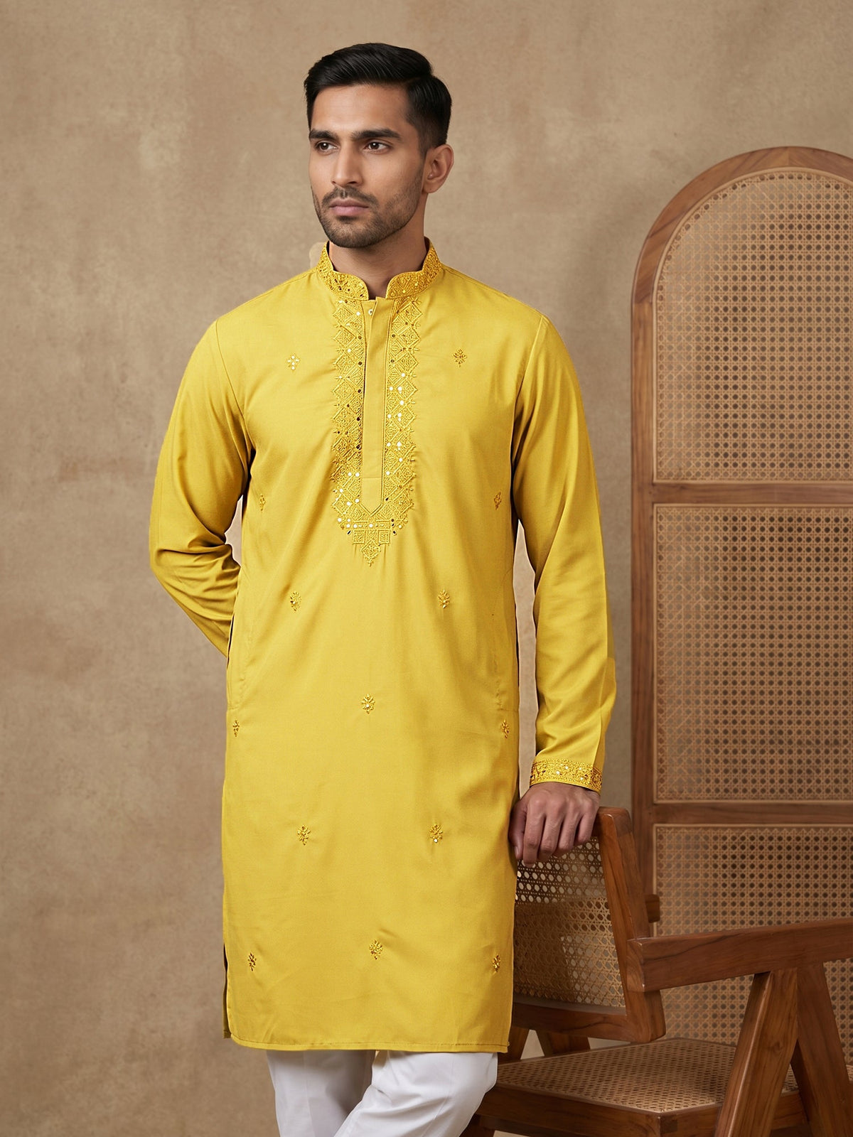 Men’s Imported Japanese Embroidered Kurta ( 65KO 5541Yellow ) [FF] [N-7]