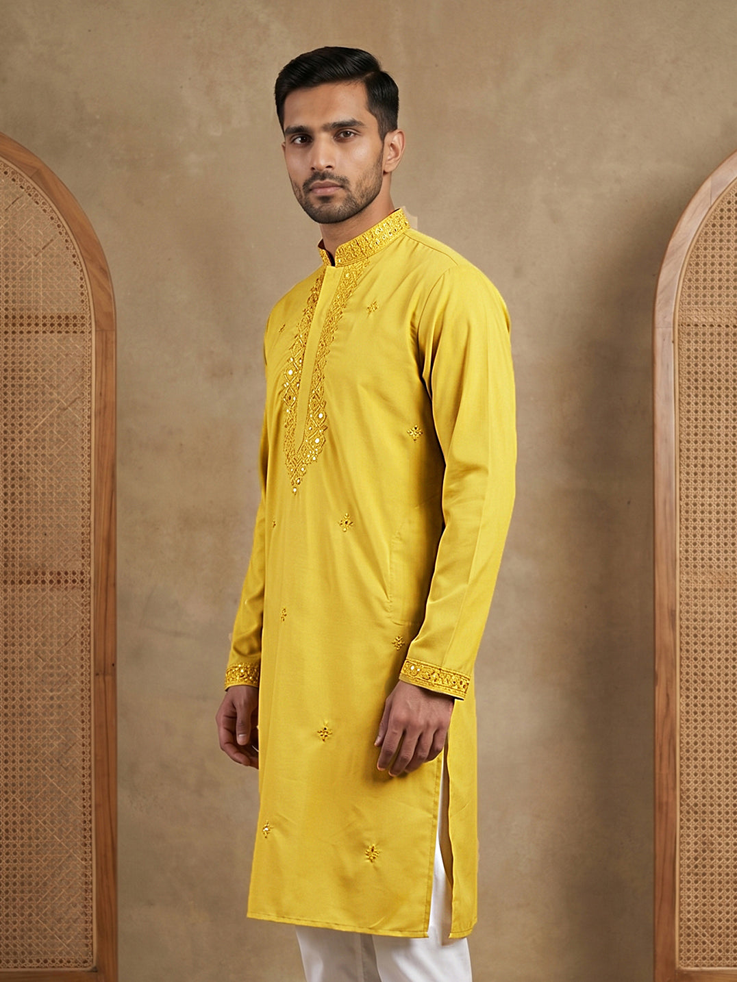 DesiQlo Men Embroidered Kurta Only - Yellow - 65KO_5541Yellow_S