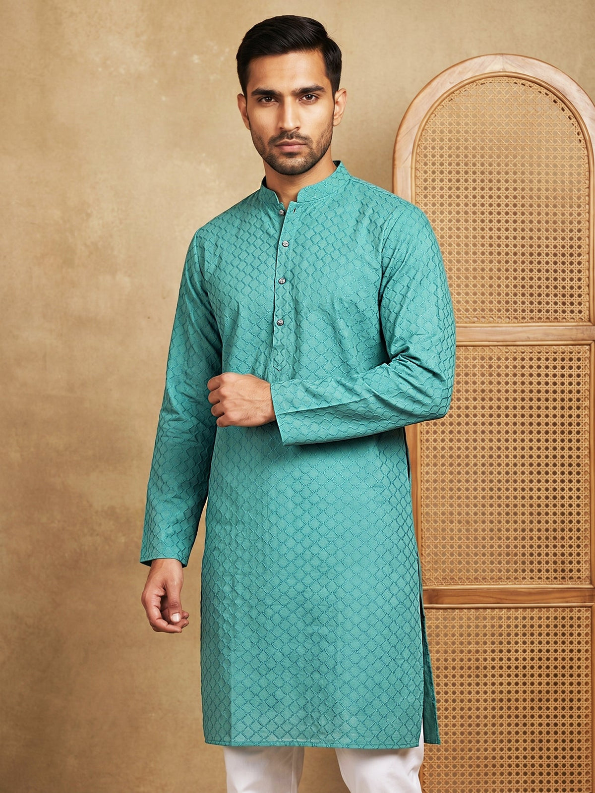 Men’s Cotton Blend Woven Design Kurta ( 65KO 5542Blue ) [FF] [S-2]