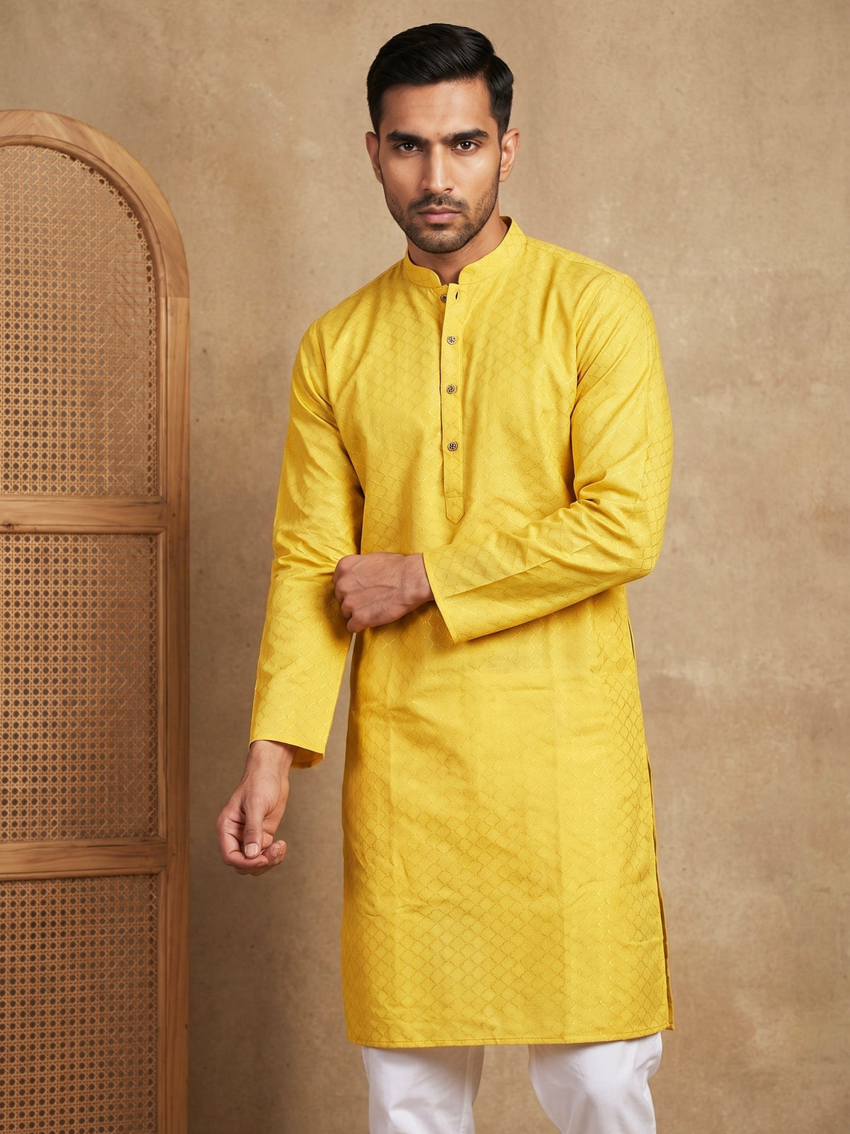 Men’s Cotton Blend Woven Design Kurta ( 65KO 5542Yellow ) [FF] [S-2]