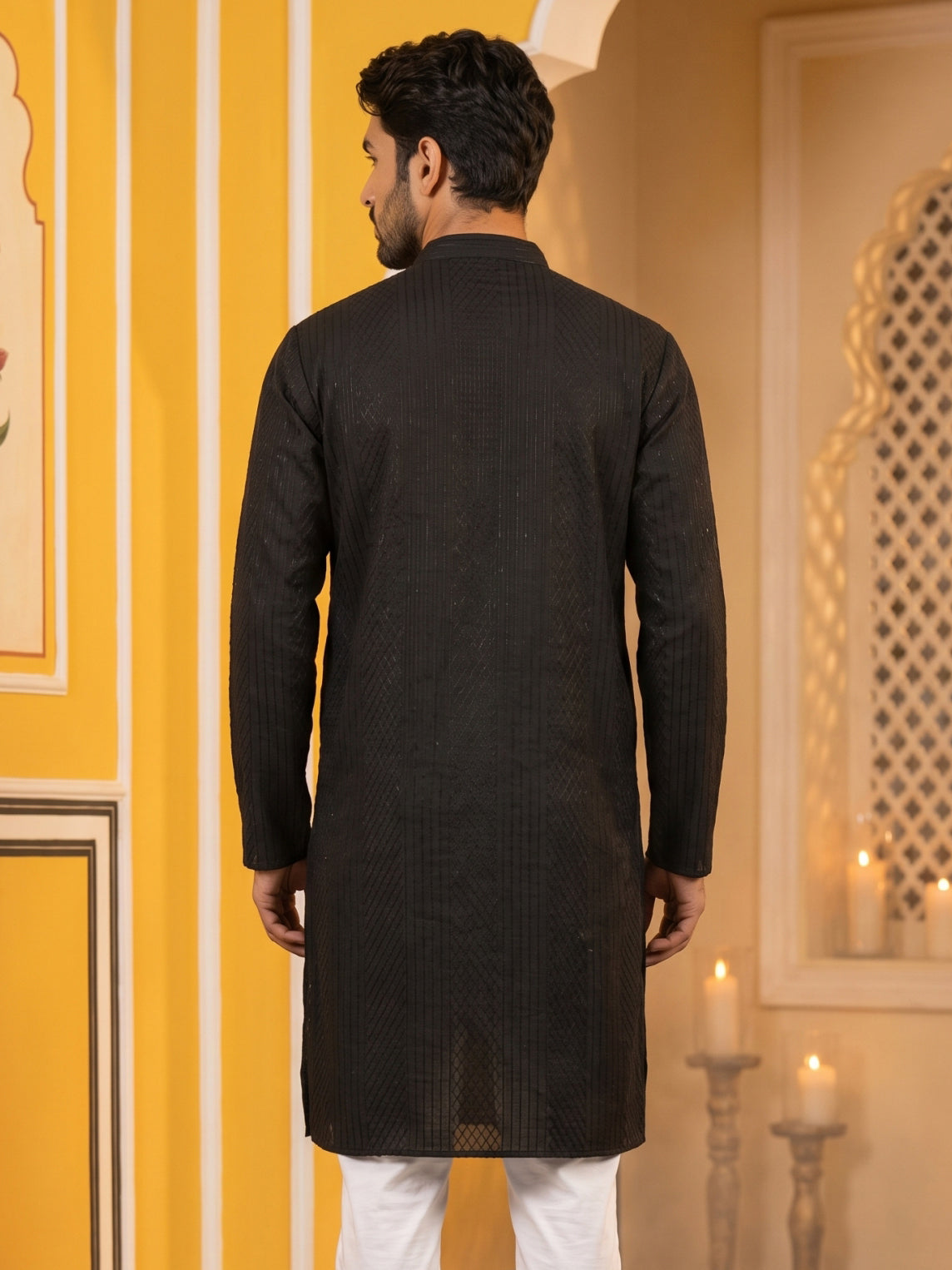 DesiQlo Men Embroidered Kurta Only - Black - 65KO_5543Black_S