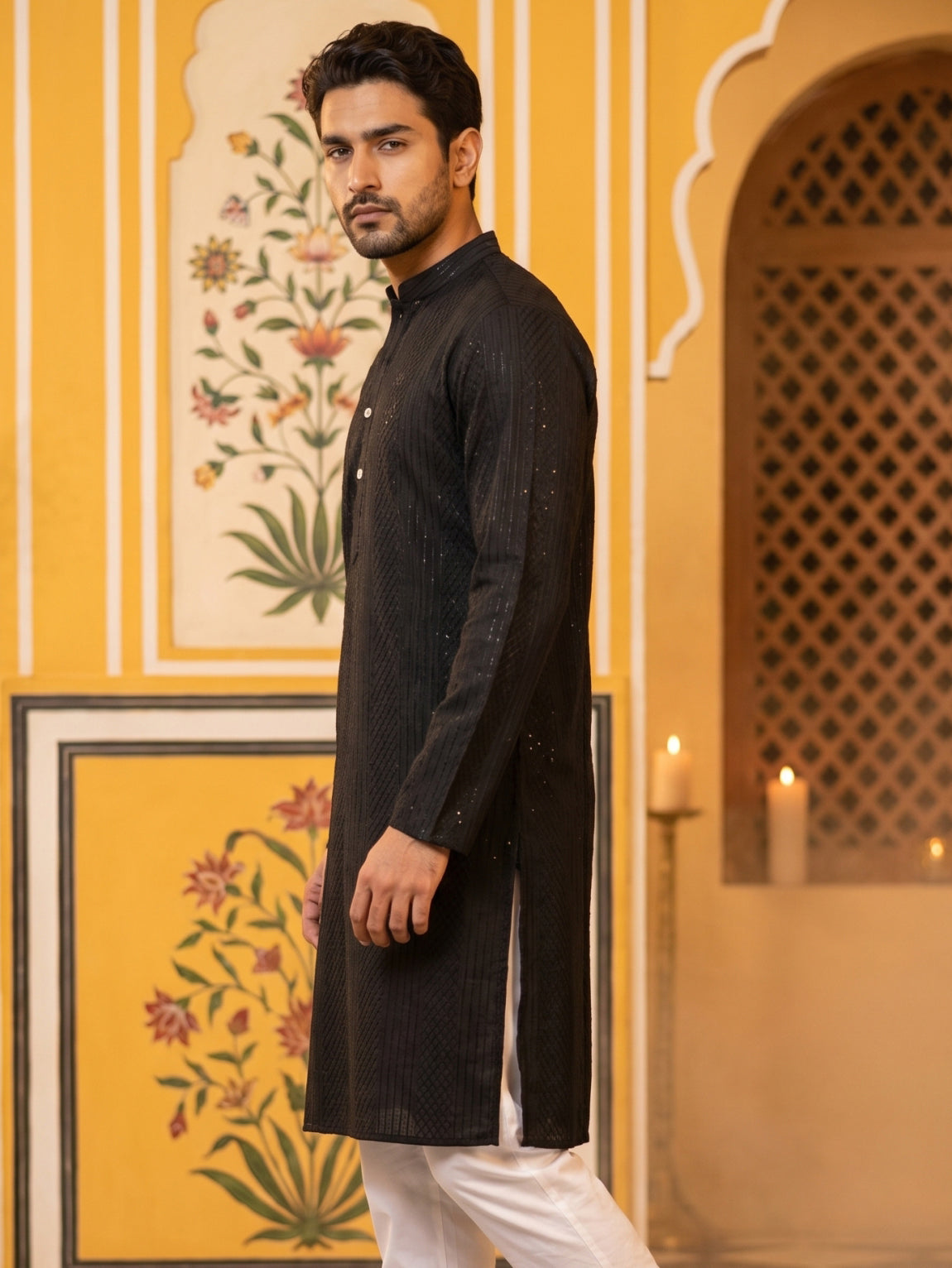 DesiQlo Men Embroidered Kurta Only - Black - 65KO_5543Black_S