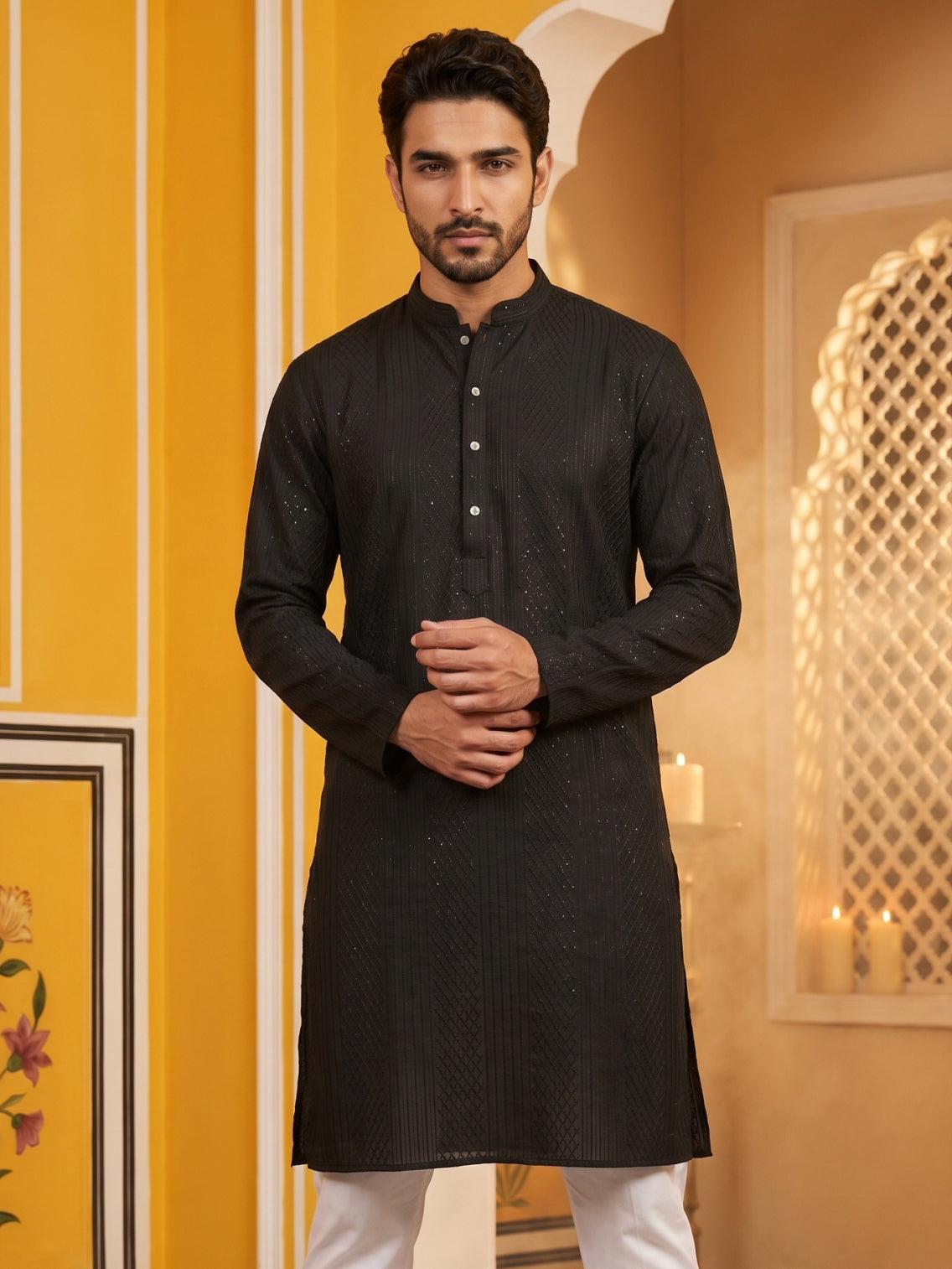 DesiQlo Men Embroidered Kurta Only - Black - 65KO_5543Black_S