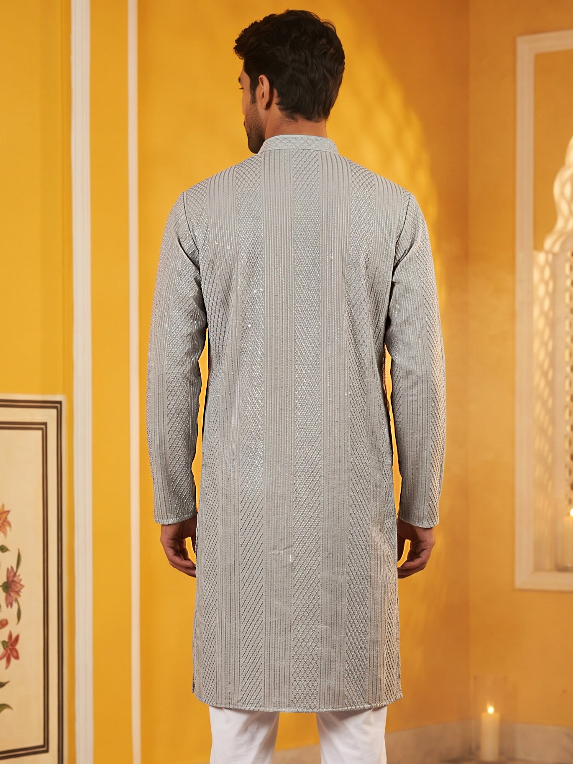 DesiQlo Men Embroidered Kurta Only - Grey - 65KO_5543Grey_S
