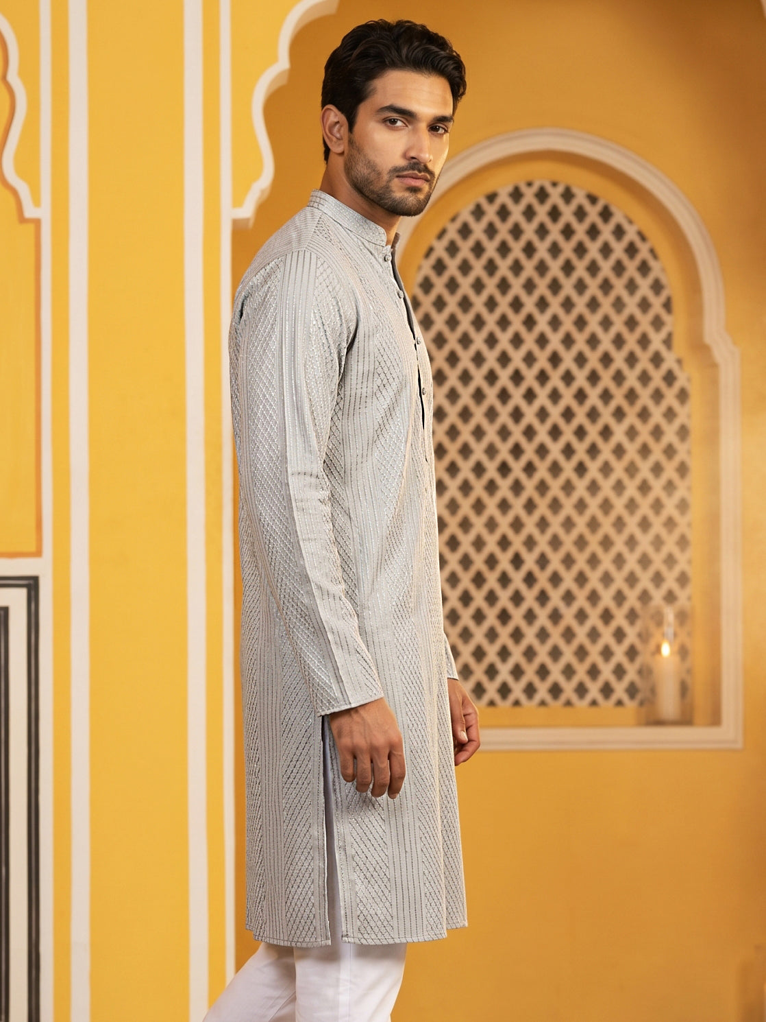 DesiQlo Men Embroidered Kurta Only - Grey - 65KO_5543Grey_S