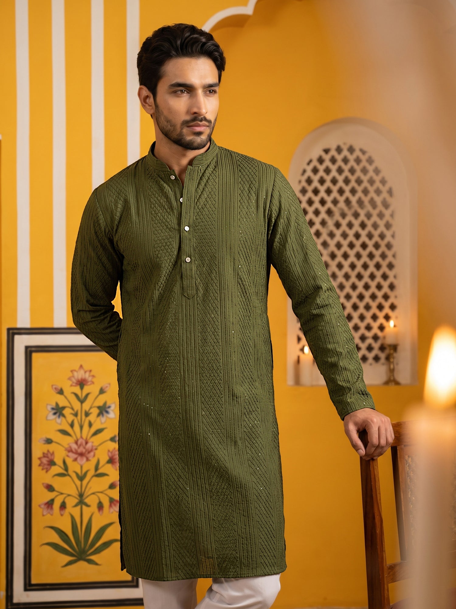 DesiQlo Men Embroidered Kurta Only - Green - 65KO_5543Olive_S