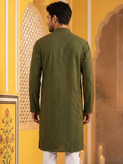Men’s Silk Blend Thread Work Kurta ( 65KO 5543Olive ) [FF] [L-18]