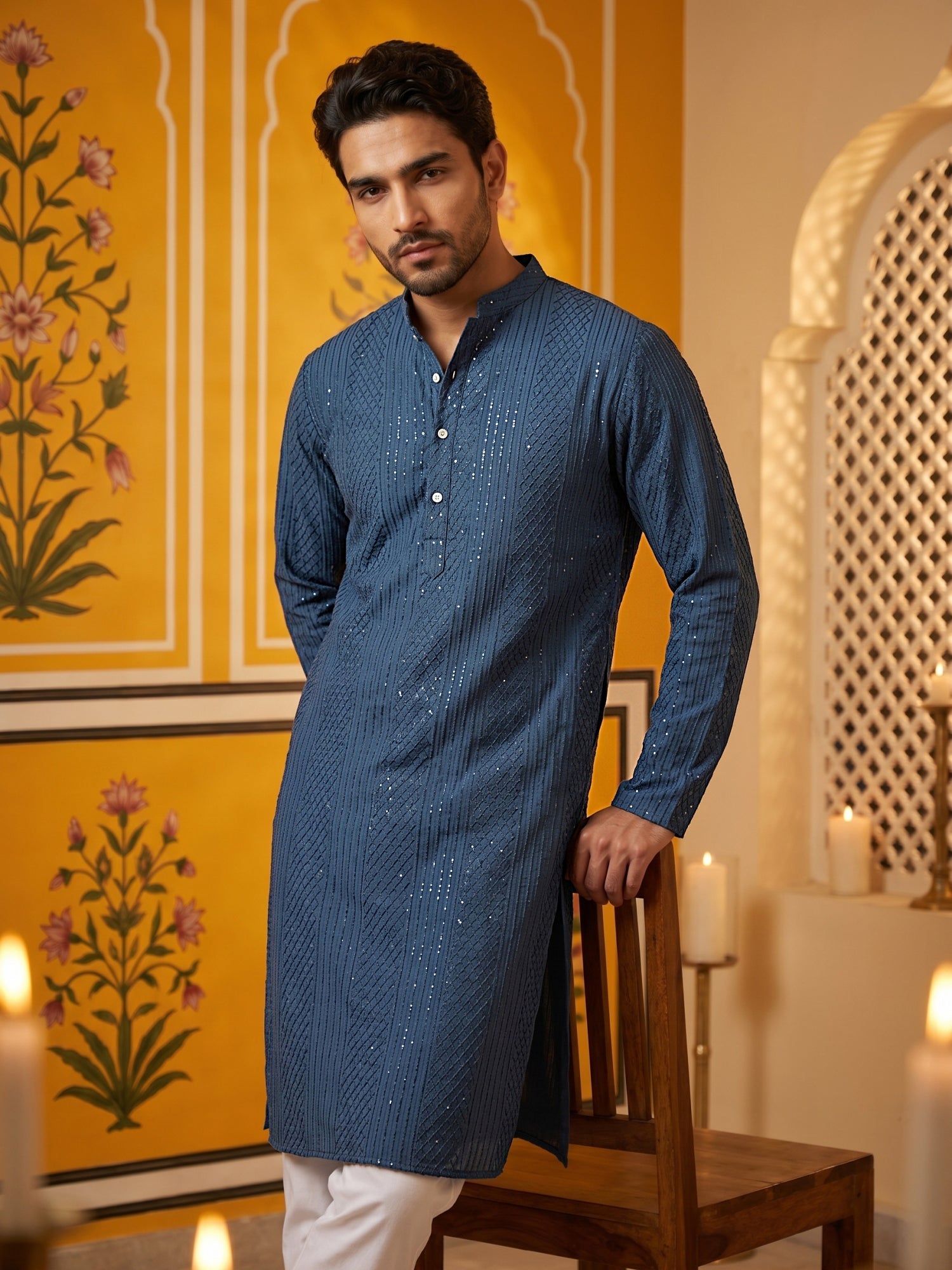 DesiQlo Men Embroidered Kurta Only - Multicolor - 65KO_5543Peacock_S
