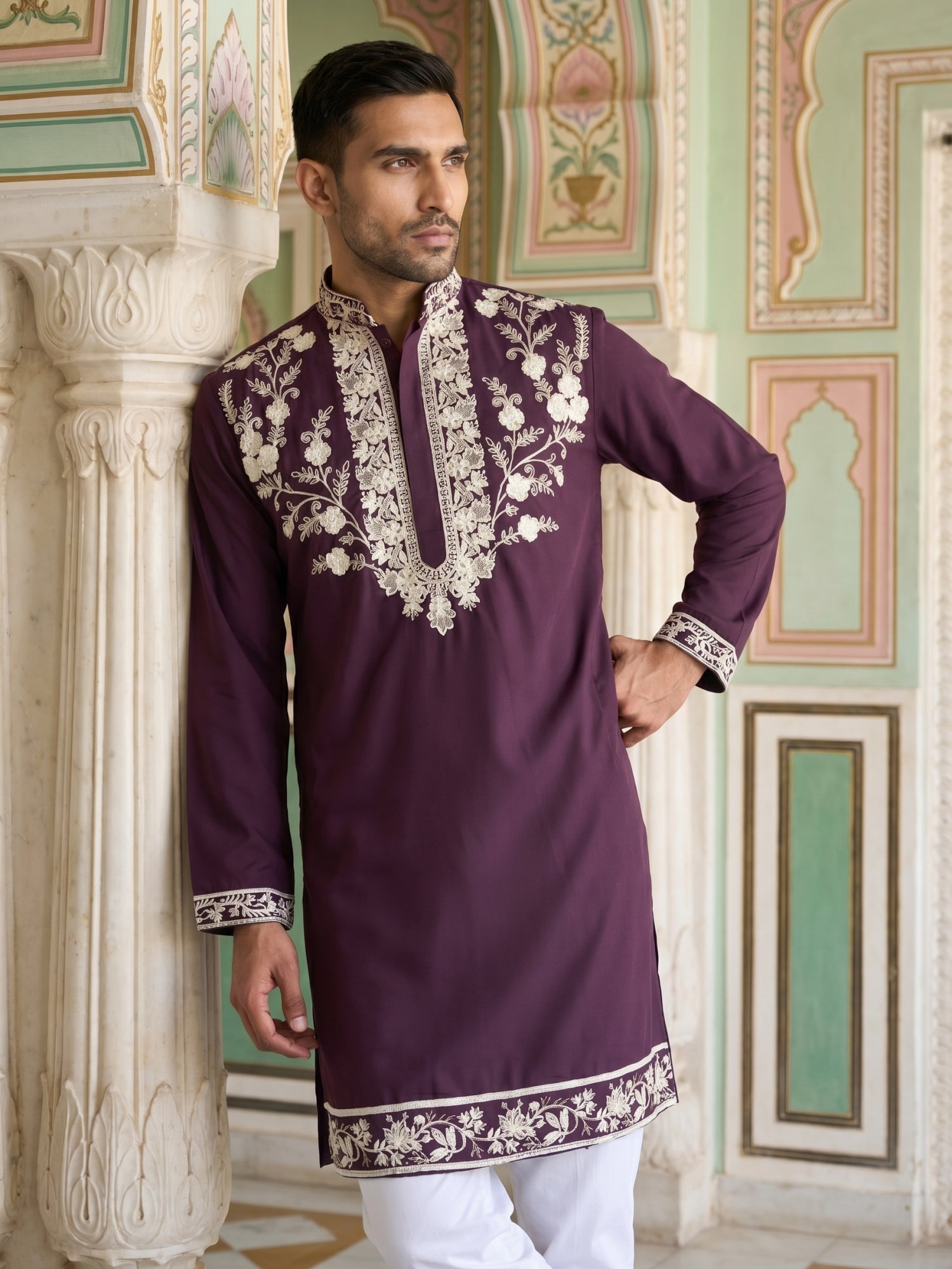 DesiQlo Men Embroidered Kurta Only - Purple - 65KO_5544Purple_S