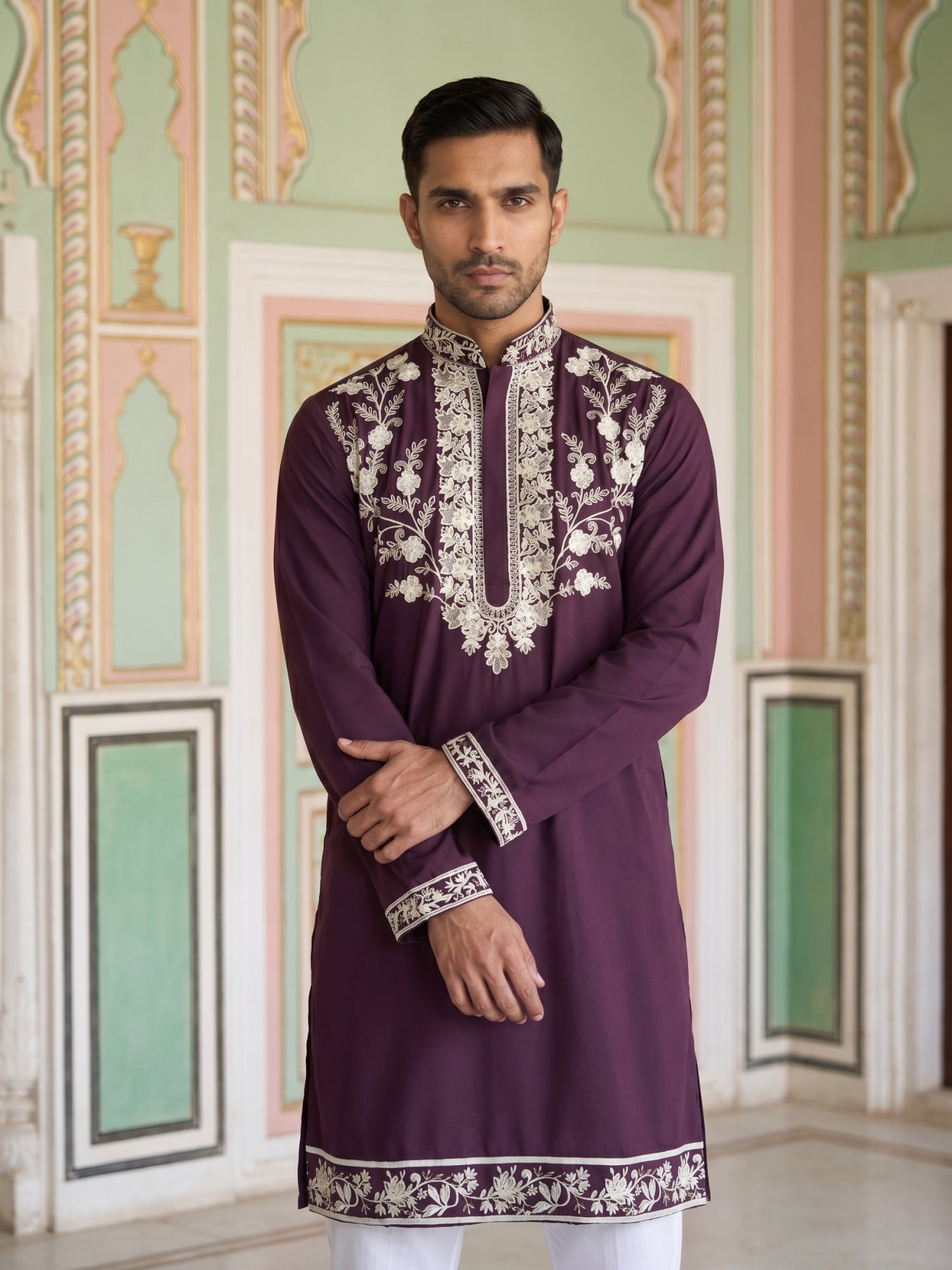 DesiQlo Men Embroidered Kurta Only - Purple - 65KO_5544Purple_S