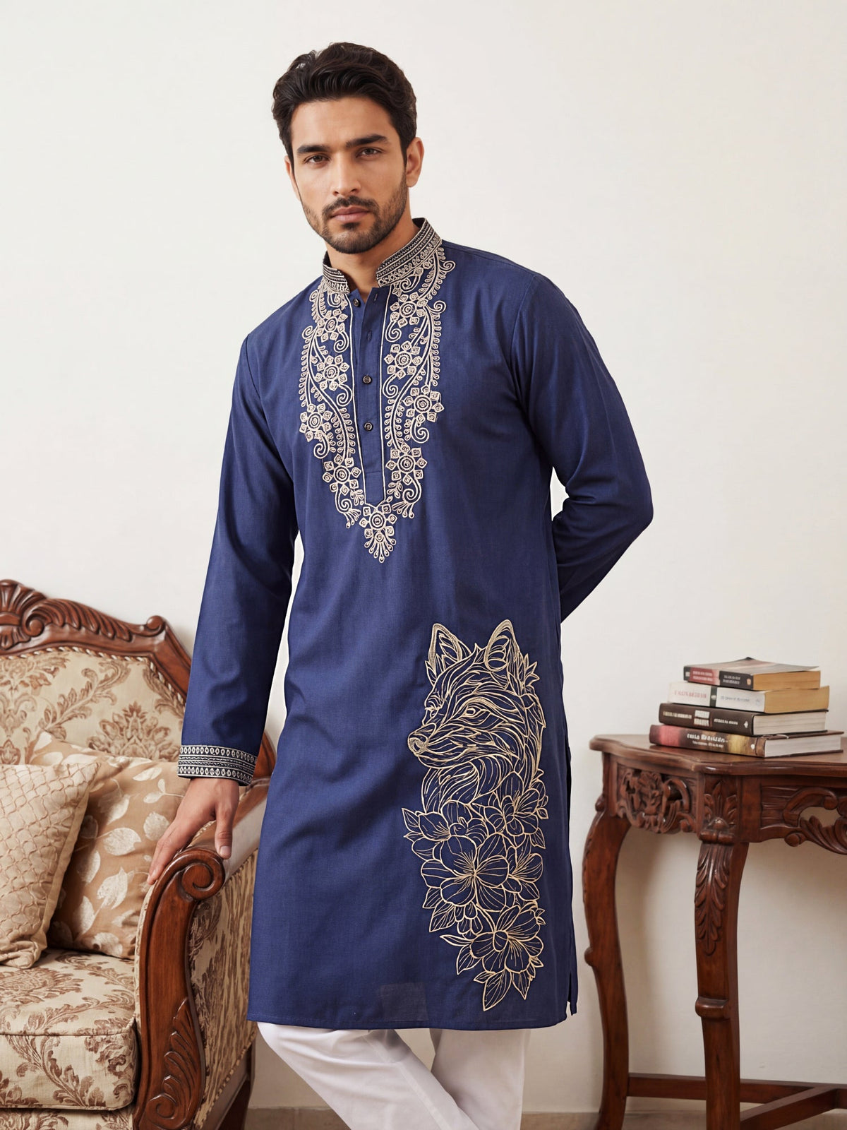 Navy Blue Japanese Embroidered Kurta ( 65KO 5545Navy ) [FF] [M-6]