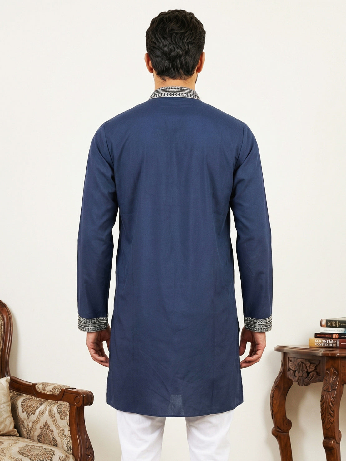 DesiQlo Men Embroidered Kurta Only - Blue - 65KO_5545Navy_S