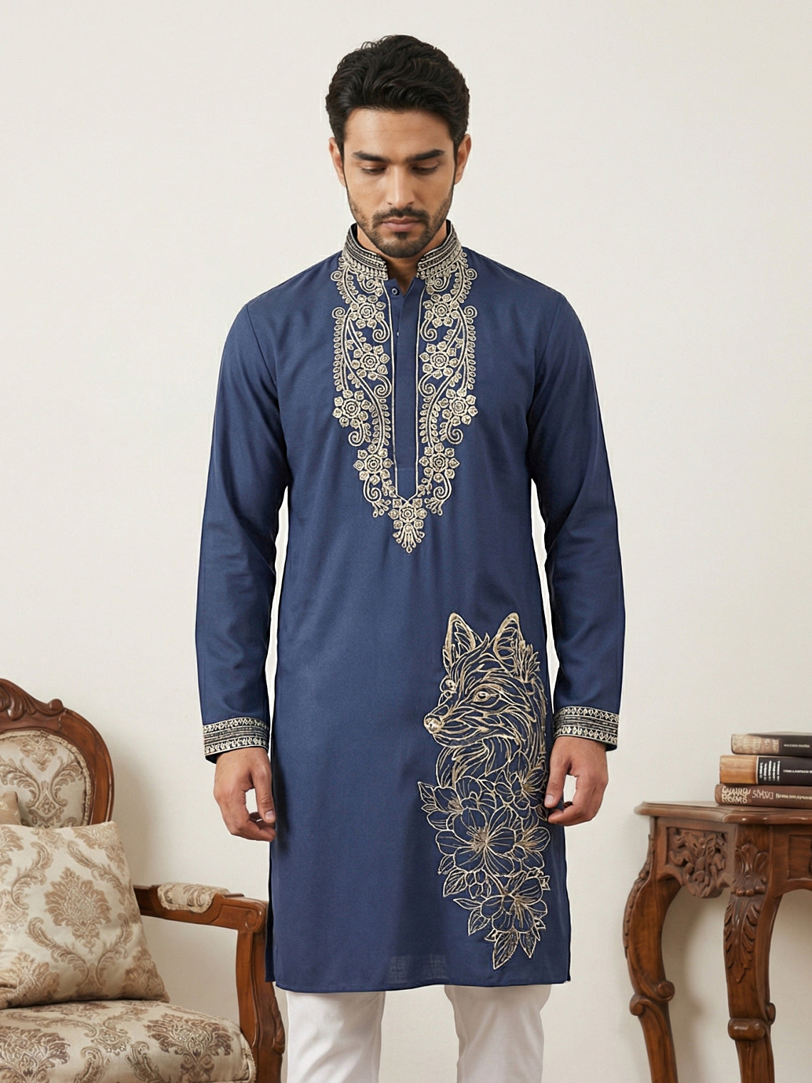 DesiQlo Men Embroidered Kurta Only - Blue - 65KO_5545Navy_S