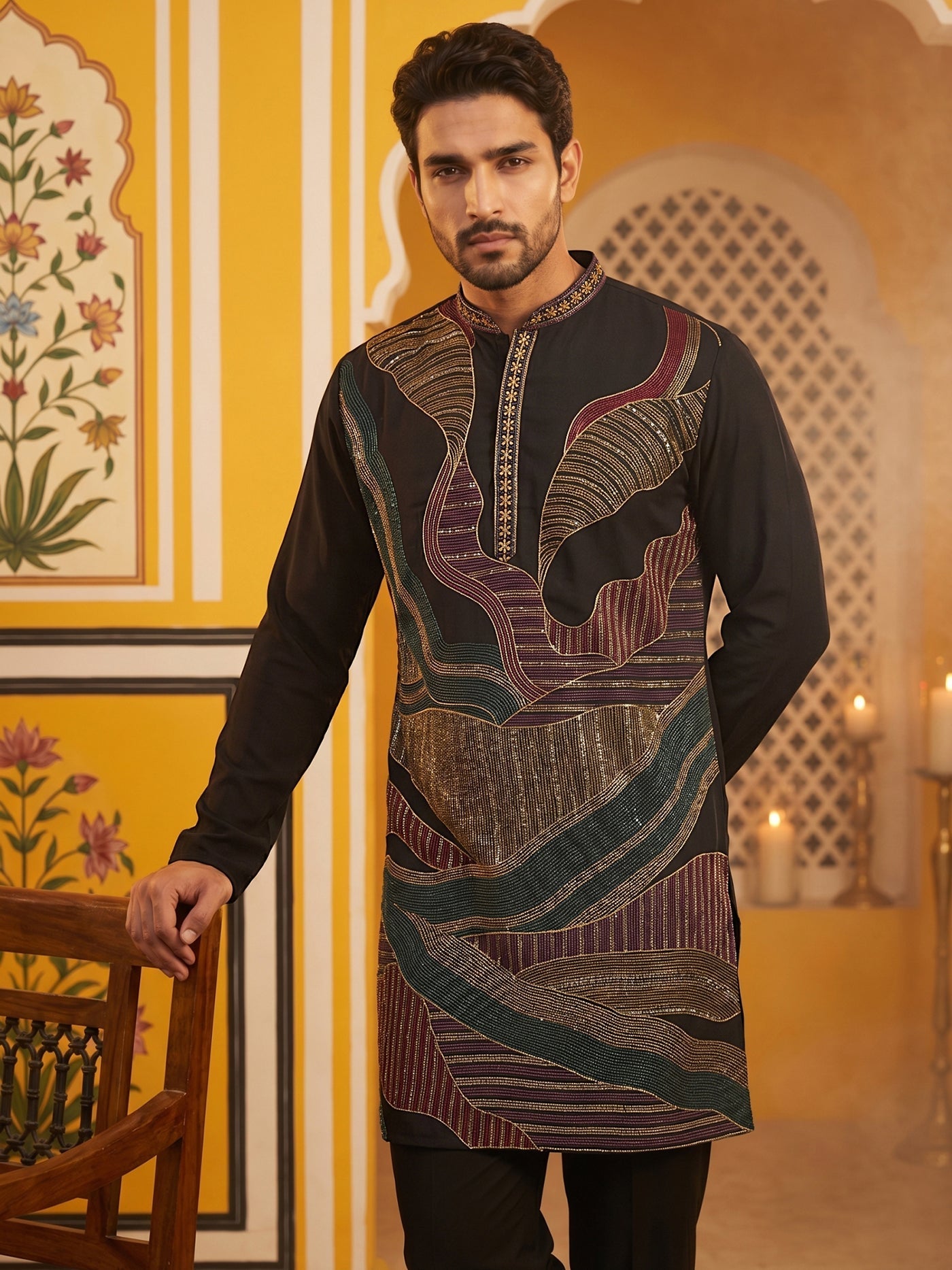 DesiQlo Men Embroidered Kurta Only - Black - 65KO_5546Black_S