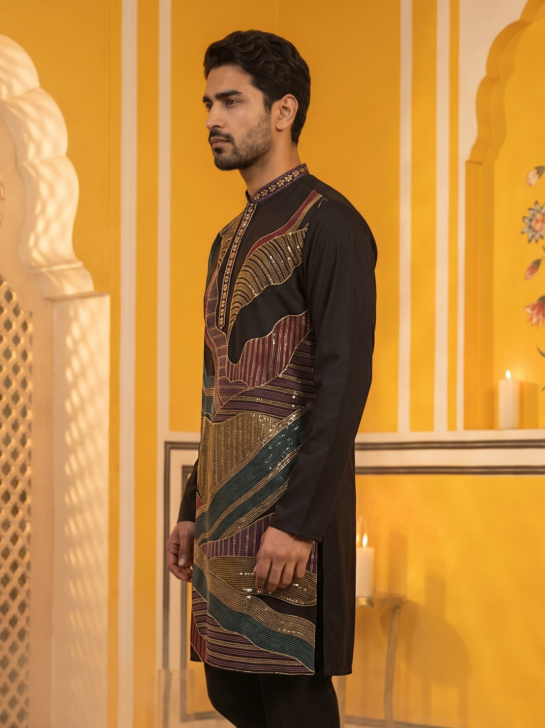 DesiQlo Men Embroidered Kurta Only - Black - 65KO_5546Black_S