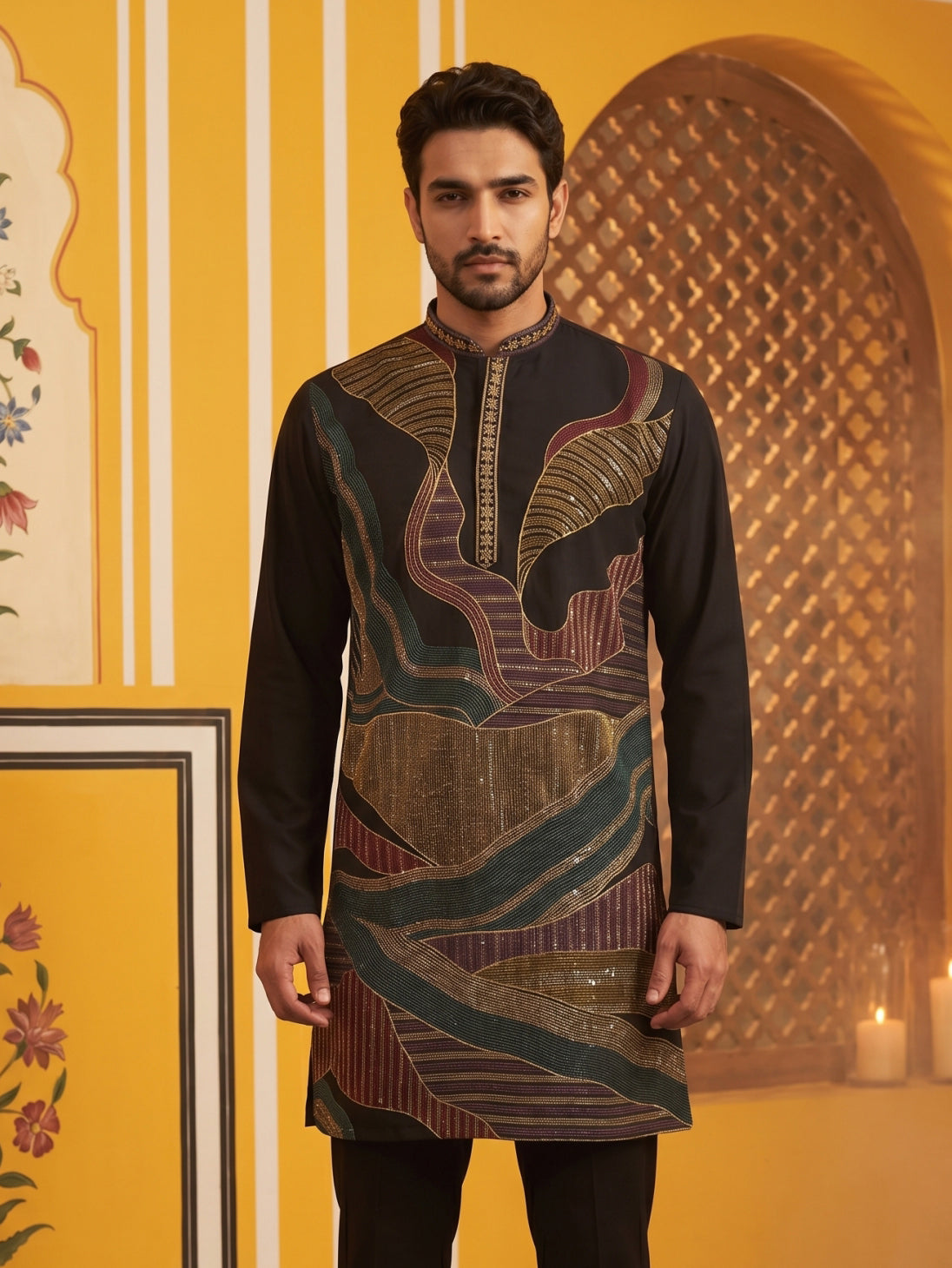 DesiQlo Men Embroidered Kurta Only - Black - 65KO_5546Black_S