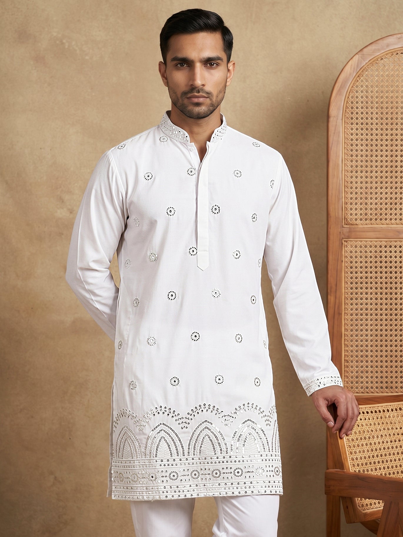 DesiQlo Men Embroidered Kurta Only - White - 65KO_5547White_S