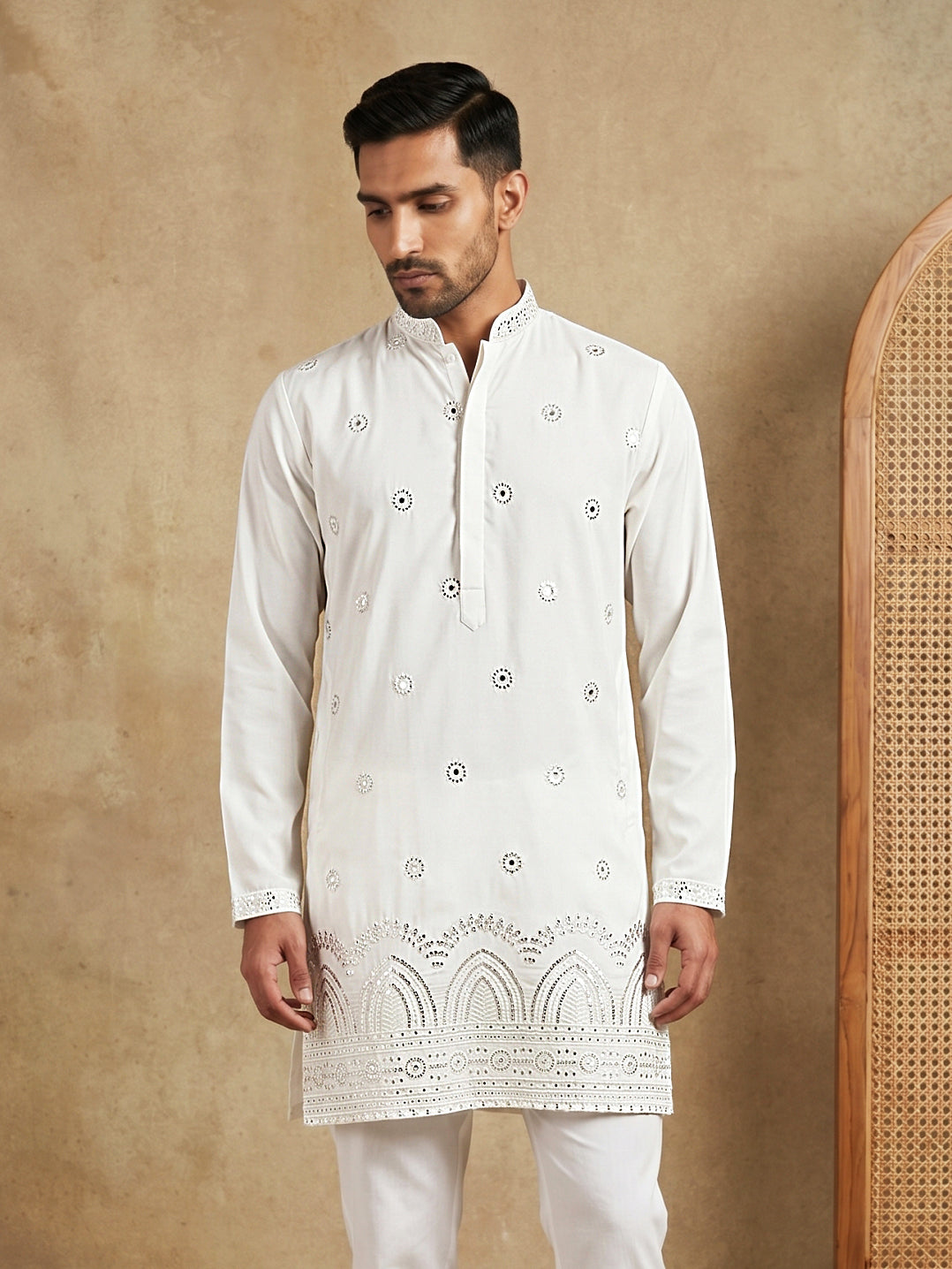 DesiQlo Men Embroidered Kurta Only - White - 65KO_5547White_S