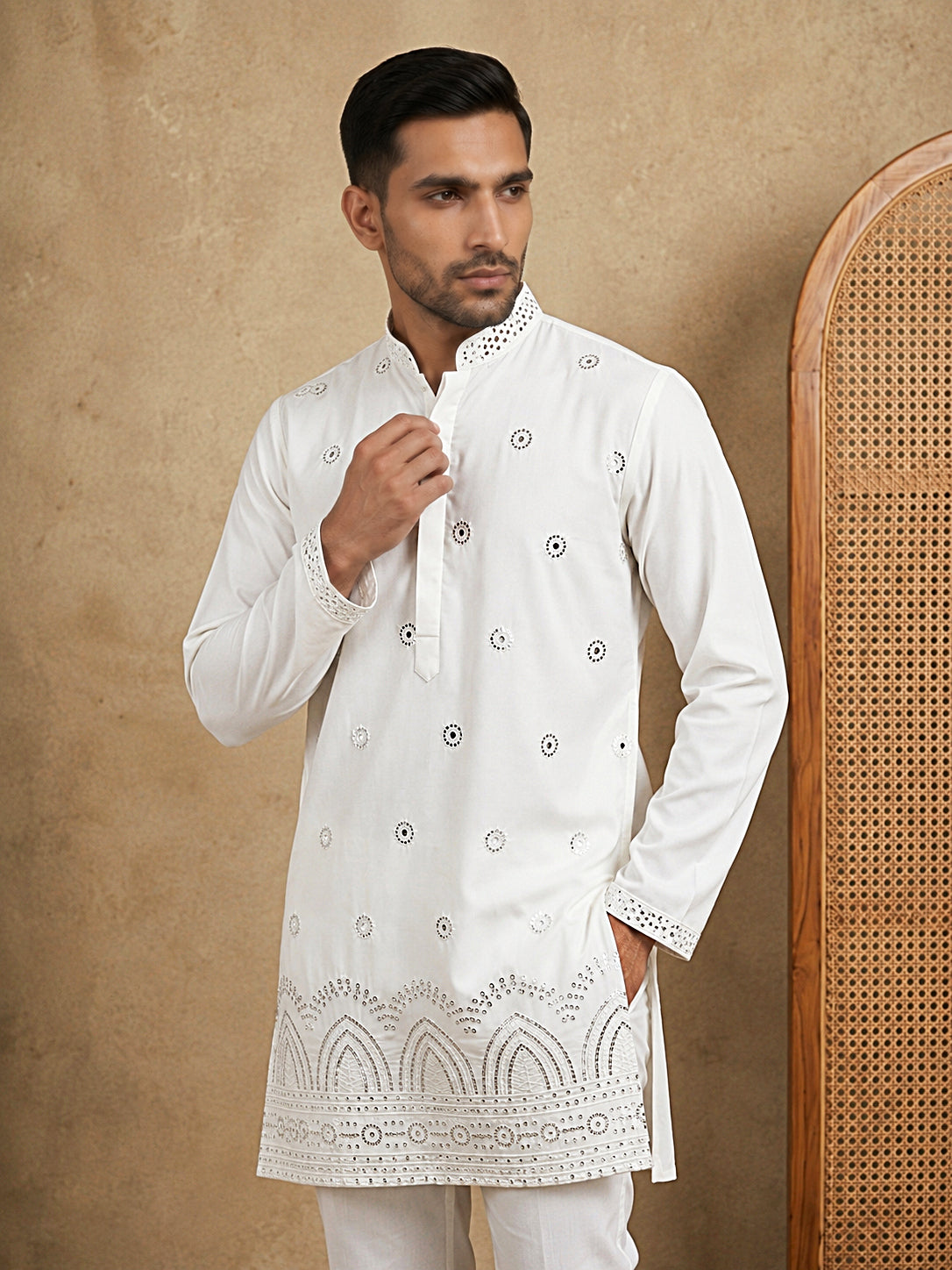 DesiQlo Men Embroidered Kurta Only - White - 65KO_5547White_S