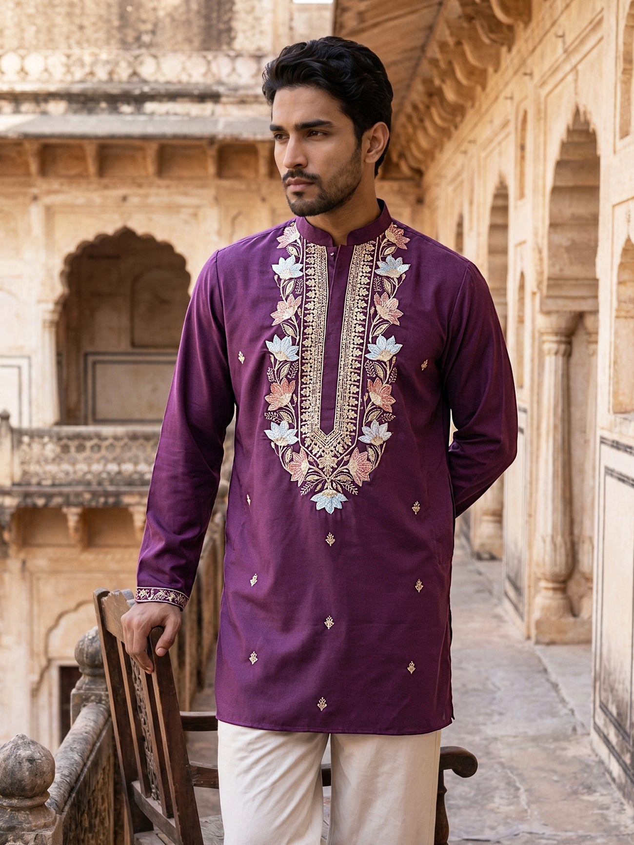 DesiQlo Men Embroidered Kurta Only - Purple - 65KO_5550Purple_S