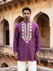Cotton Blend Floral Embroidered Kurta ( 65KO 5550Purple ) [FF] [O-11-14]