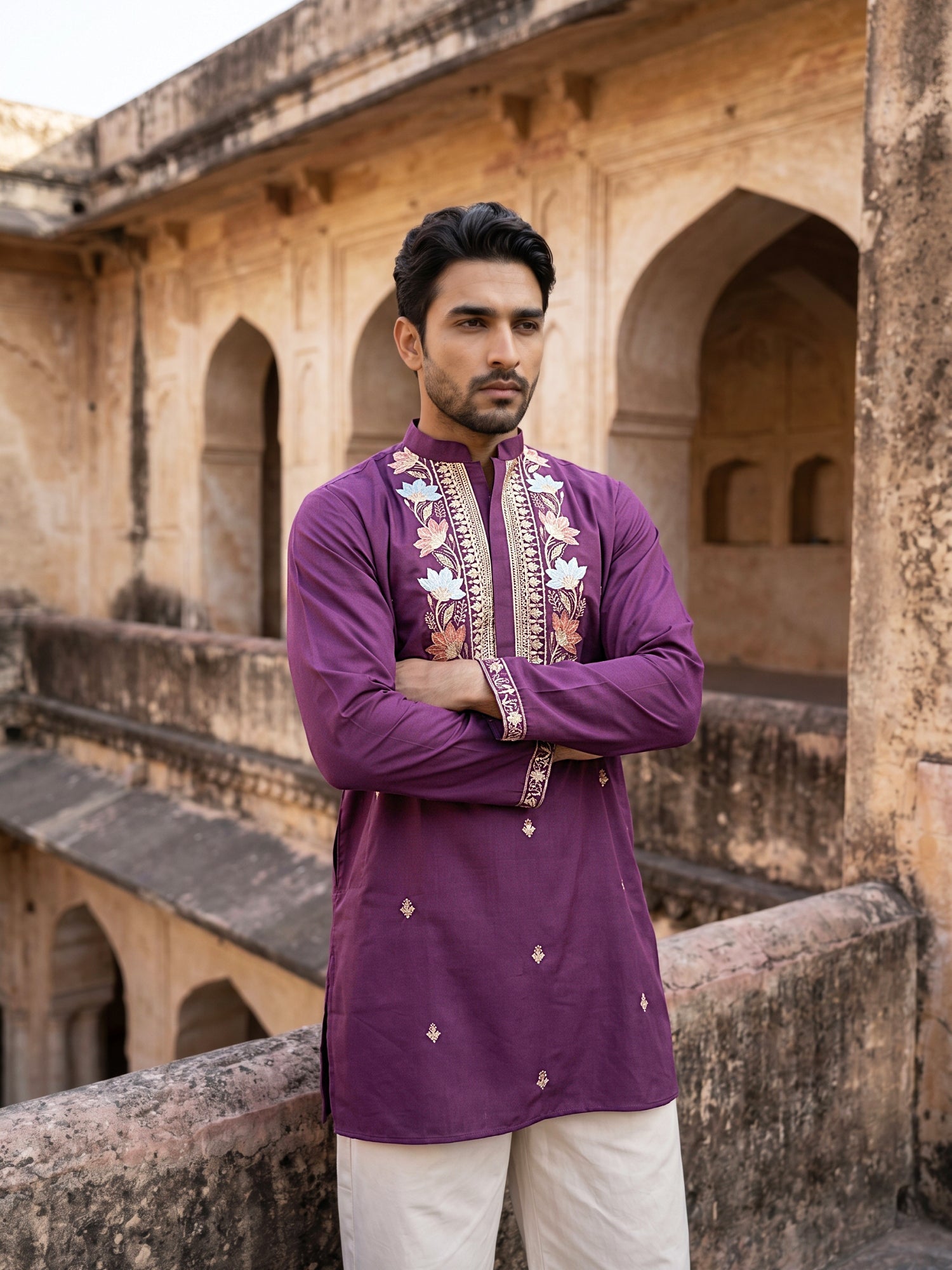 DesiQlo Men Embroidered Kurta Only - Purple - 65KO_5550Purple_S