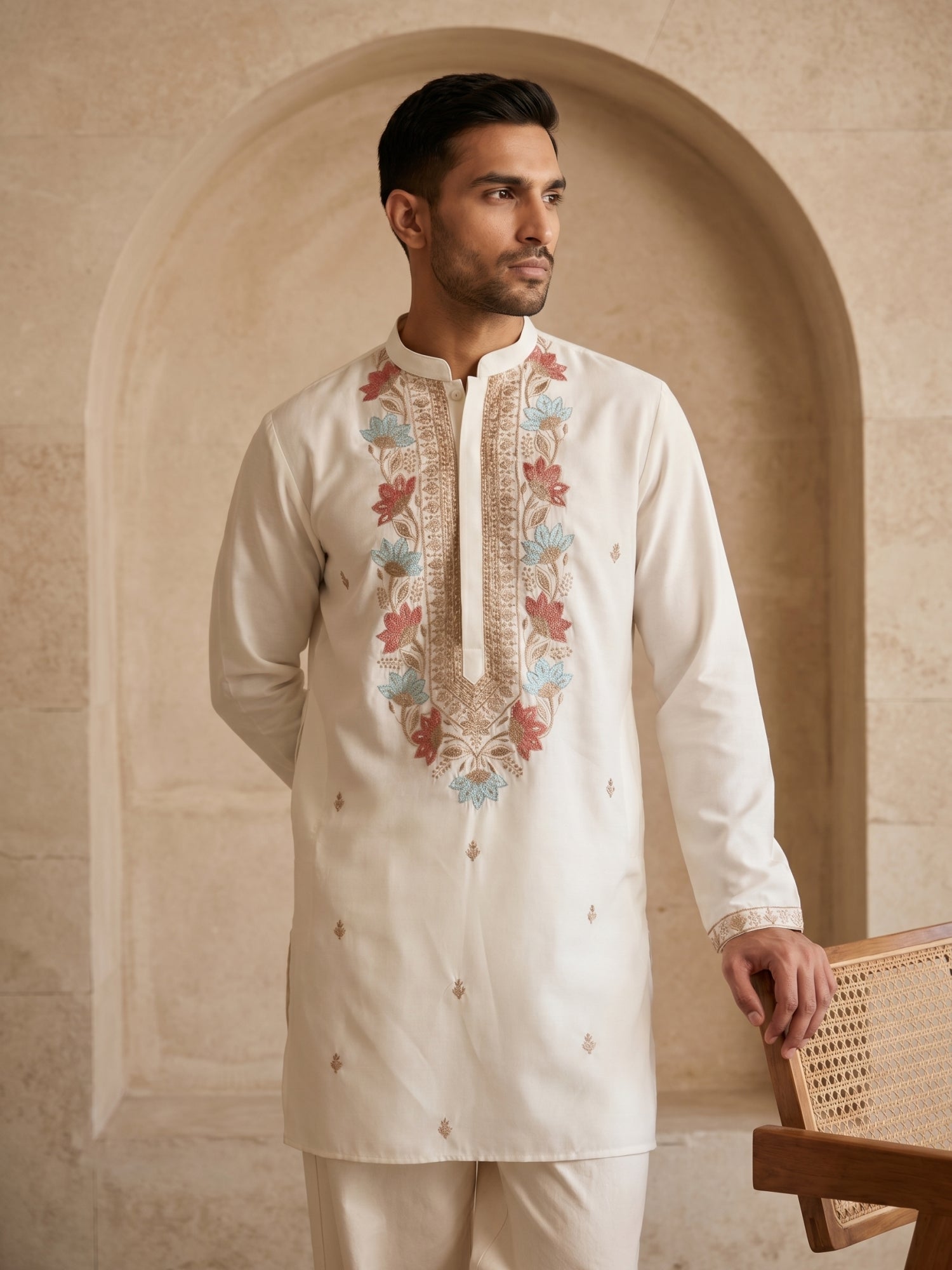 DesiQlo Men Embroidered Kurta Only - White - 65KO_5550White_S