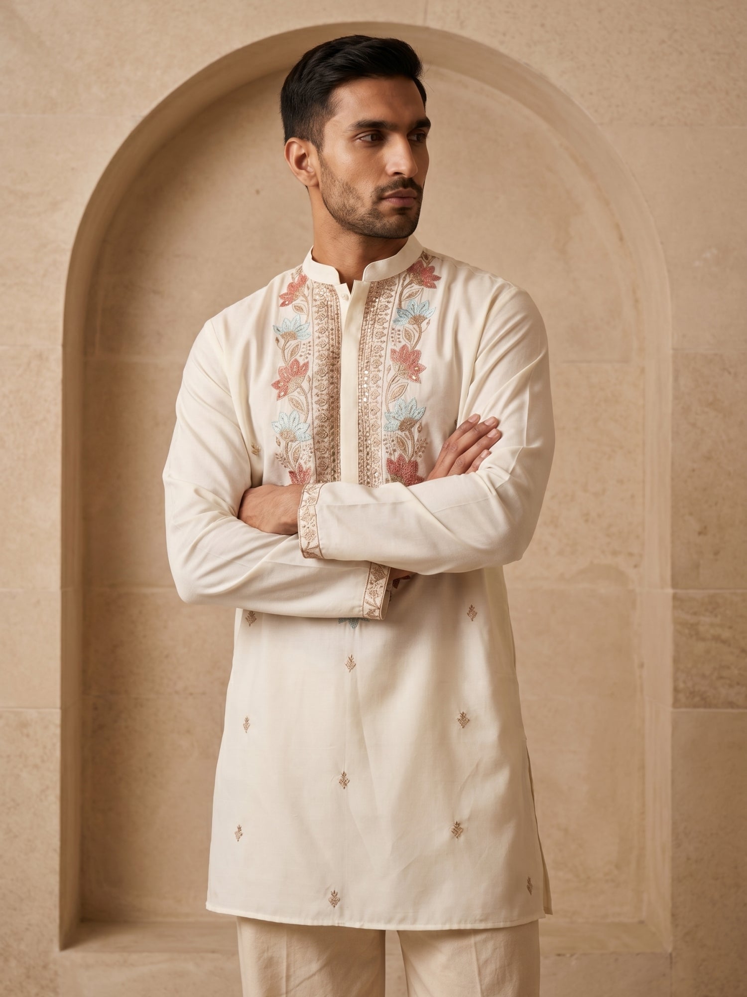 DesiQlo Men Embroidered Kurta Only - White - 65KO_5550White_S
