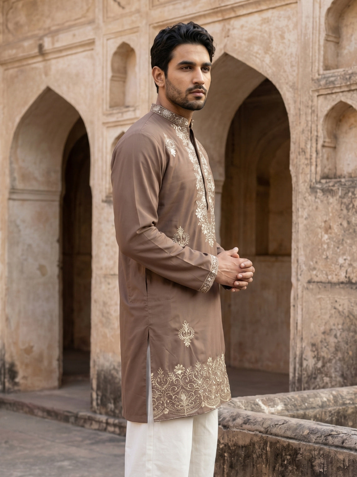 DesiQlo Men Embroidered Kurta Only - Brown - 65KO_5551Brown_S