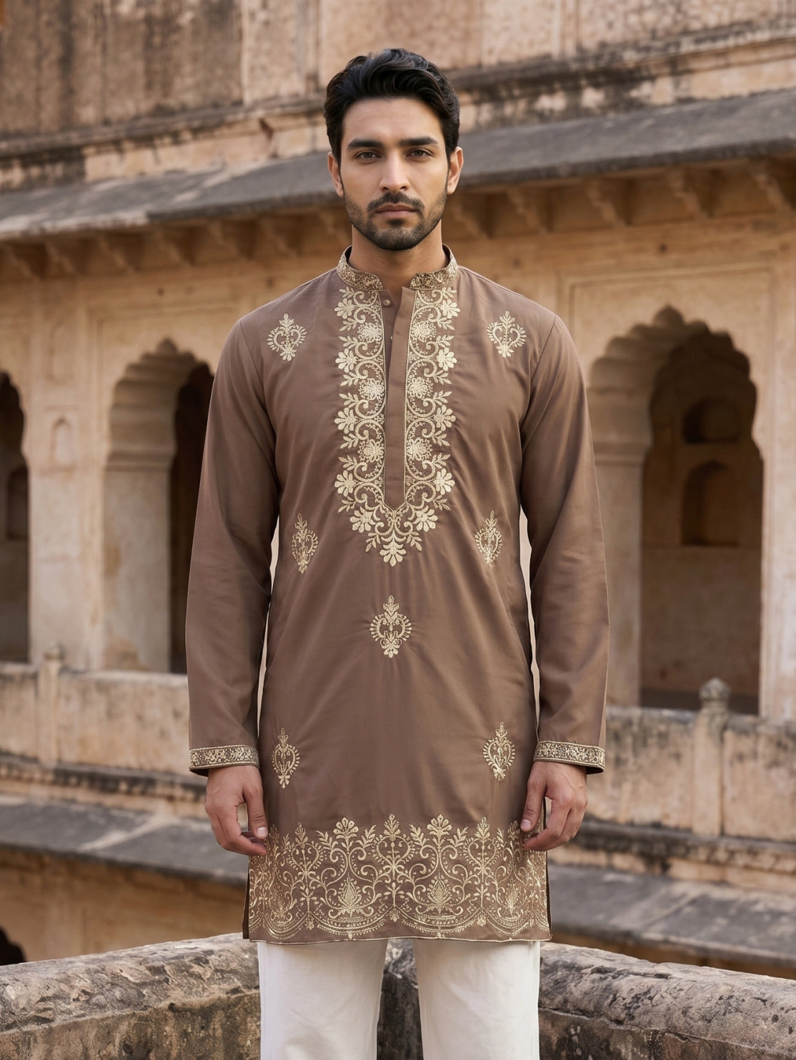 DesiQlo Men Embroidered Kurta Only - Brown - 65KO_5551Brown_S
