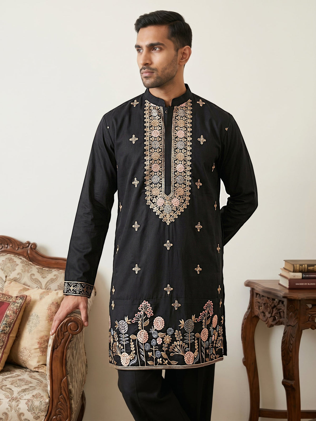 Cotton Blend Floral Embroidered Kurta ( 65KO 5552Black ) [FF] [B-3-4]