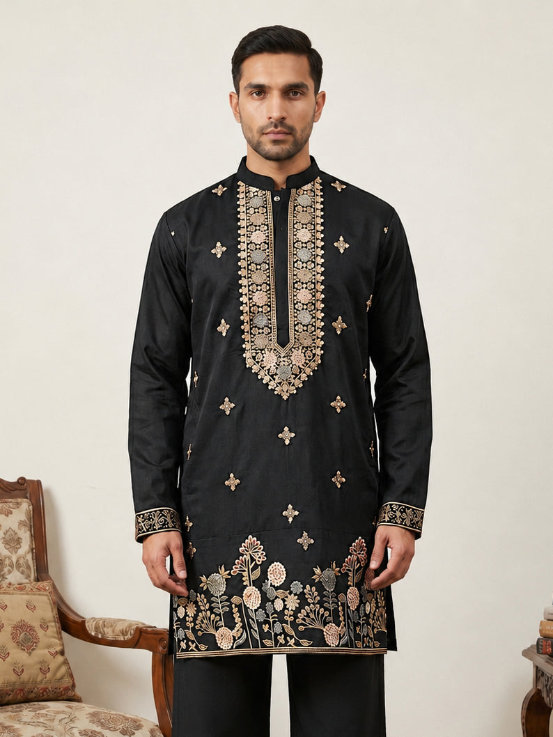 DesiQlo Men Embroidered Kurta Only - Black - 65KO_5552Black_S