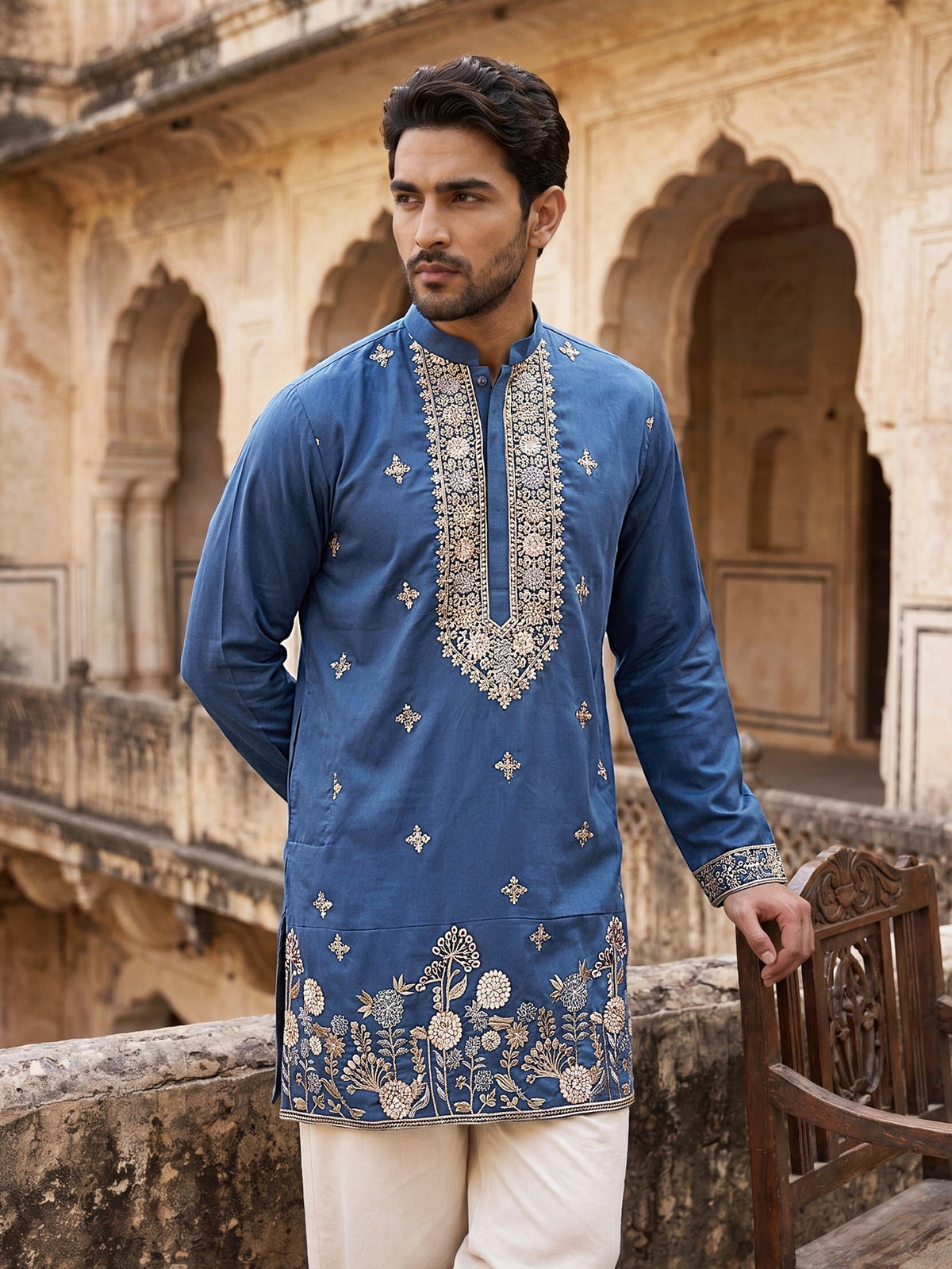 Cotton Blend Floral Embroidered Kurta ( 65KO 5552Peacock ) [FF] [B-3-4]