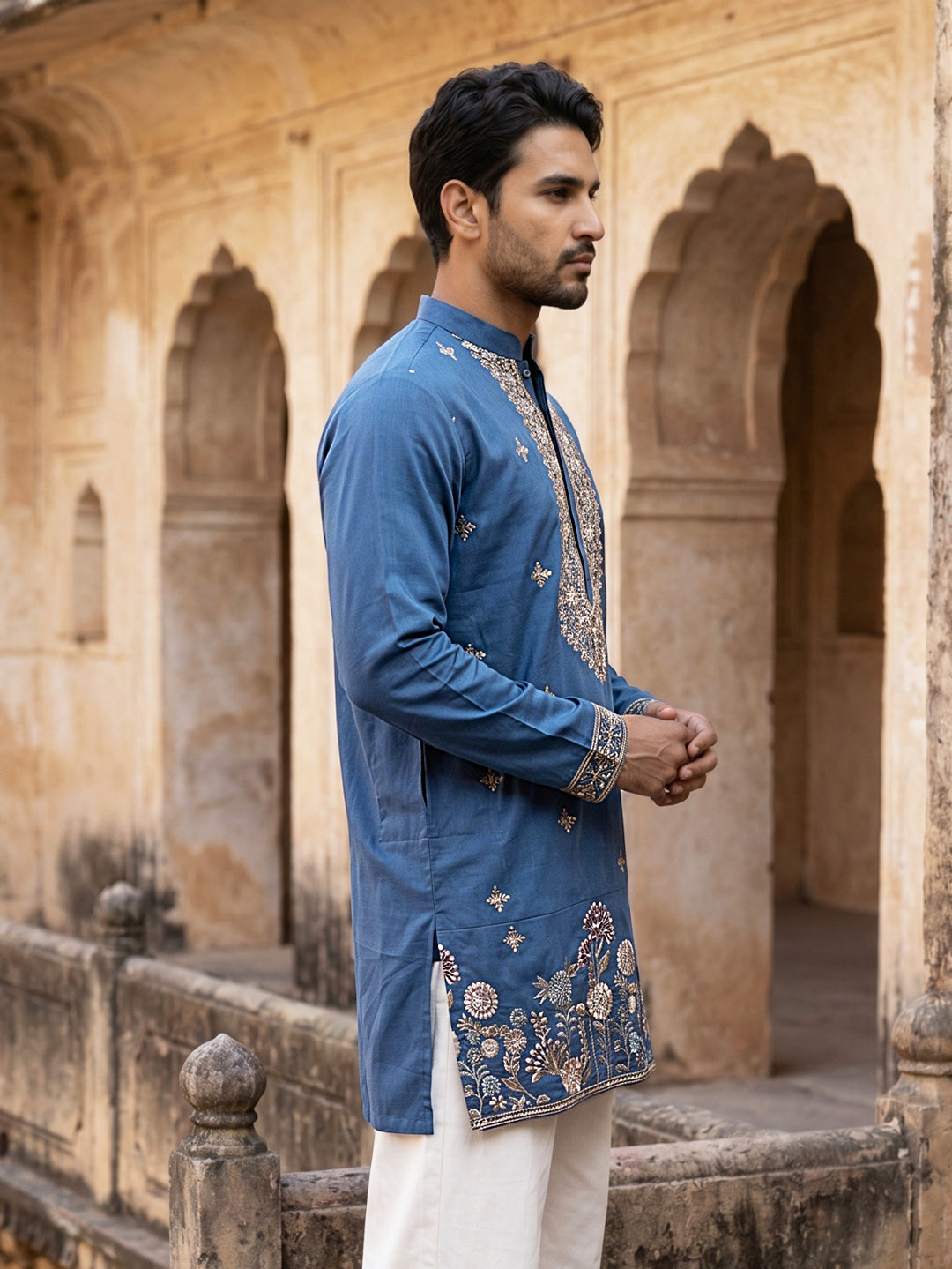 DesiQlo Men Embroidered Kurta Only - Multicolor - 65KO_5552Peacock_S