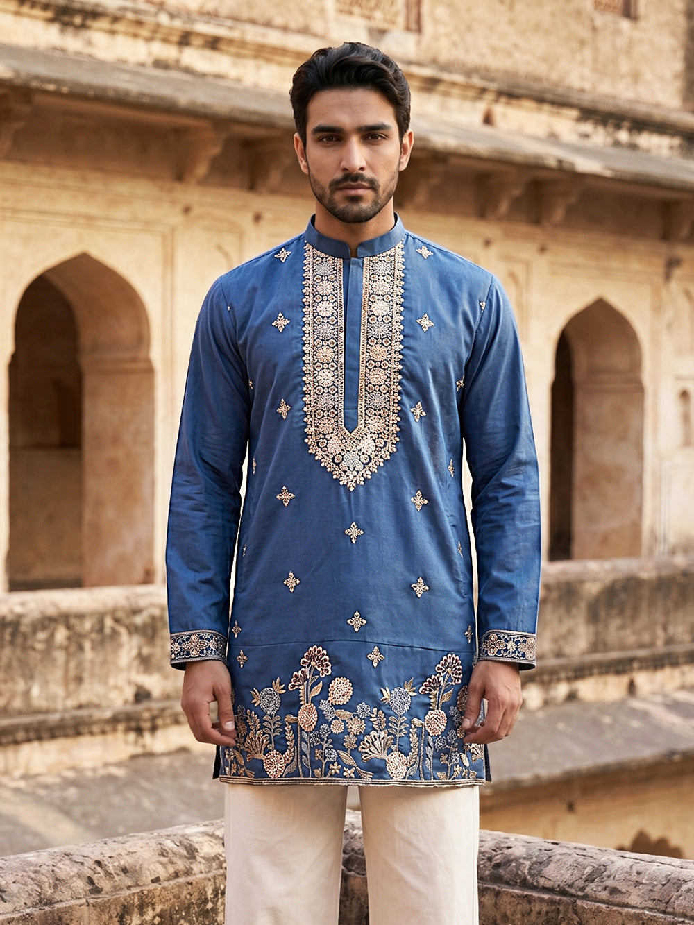 DesiQlo Men Embroidered Kurta Only - Multicolor - 65KO_5552Peacock_S