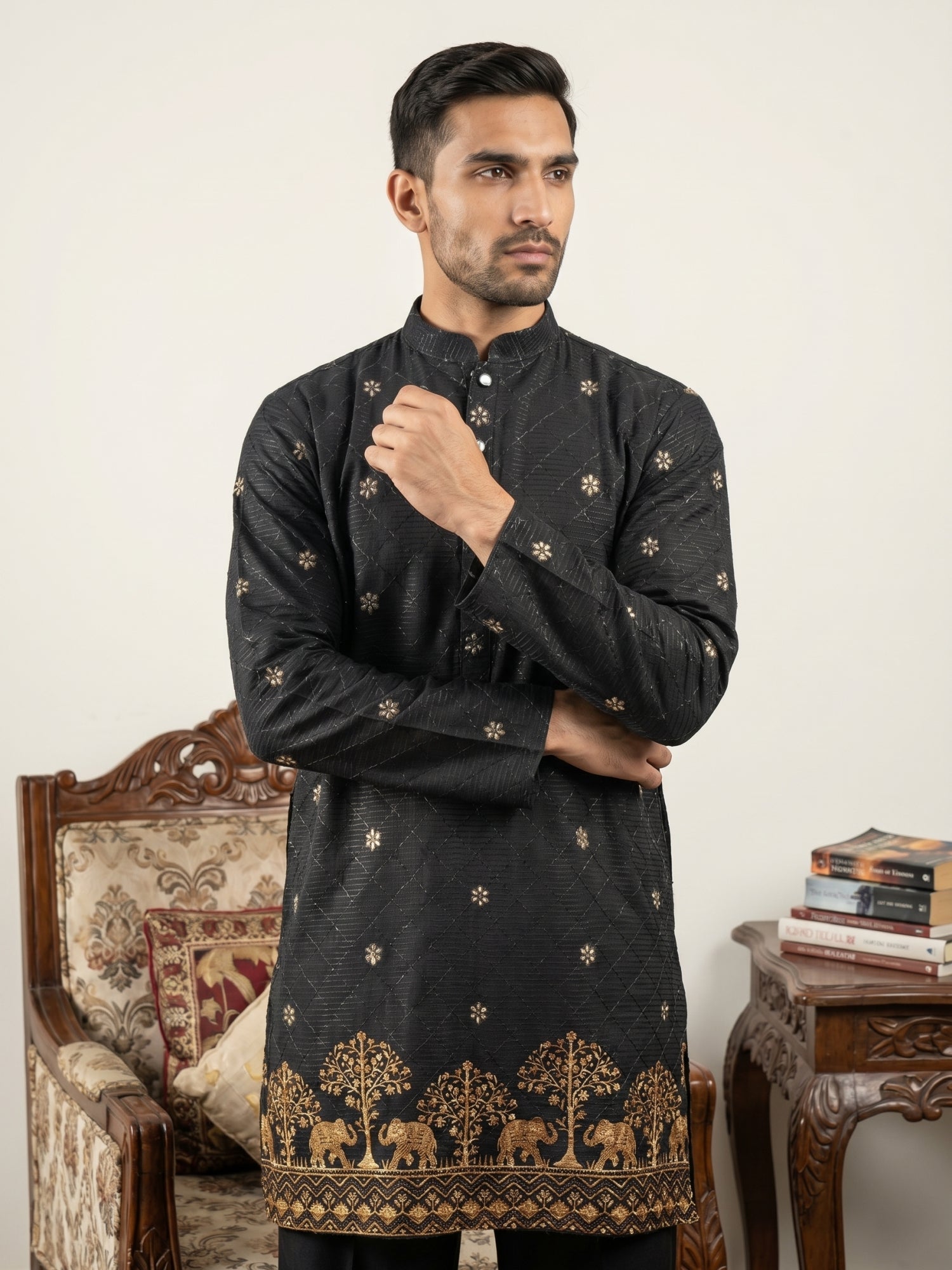 DesiQlo Men Embroidered Kurta Only - Black - 65KO_5553Black_S