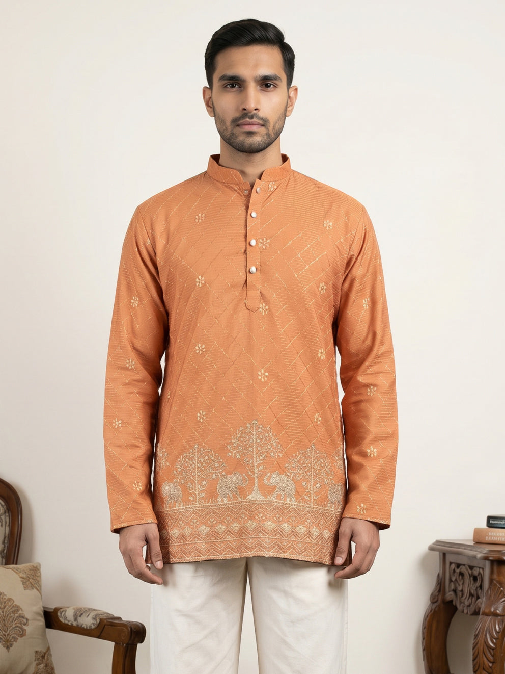 DesiQlo Men Embroidered Kurta Only - Orange - 65KO_5553Orange_S