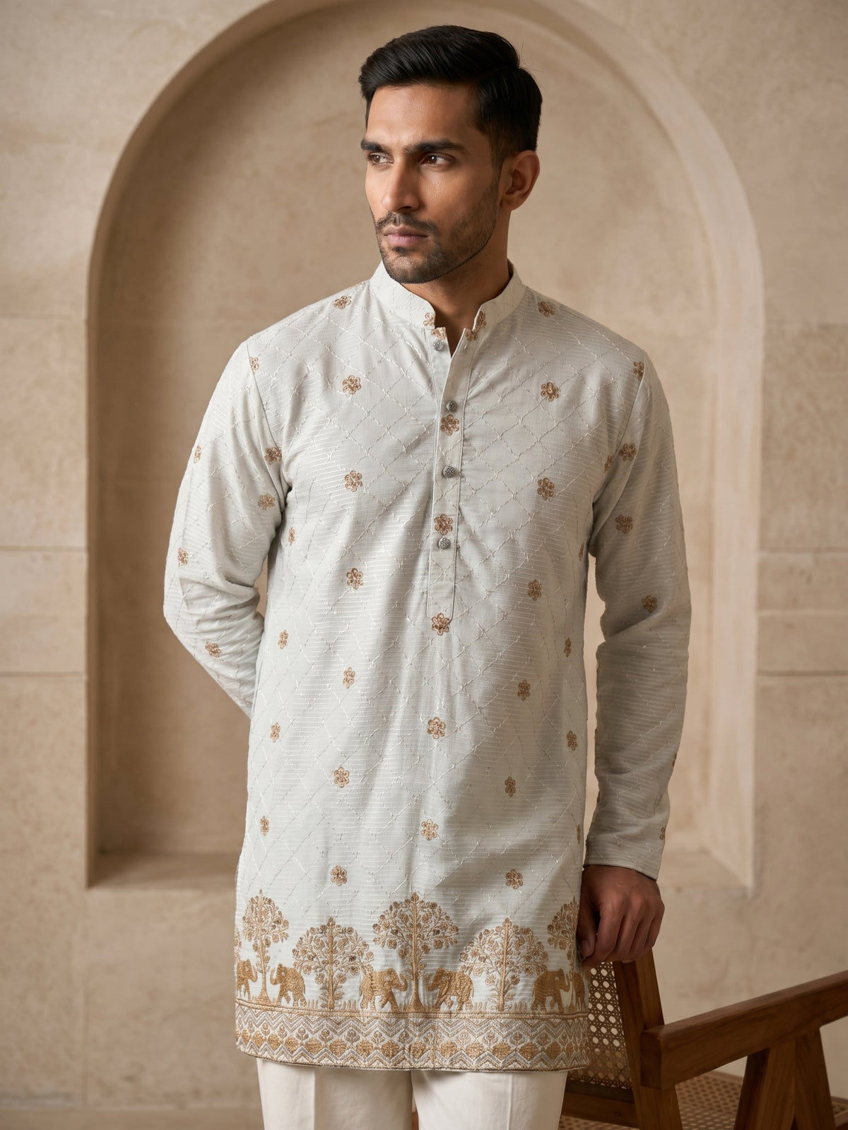 Premium Printed & Thread Work Kurta ( 65KO 5553White ) [FF] [D-3]