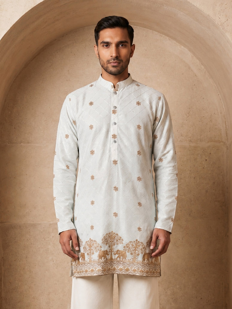 DesiQlo Men Embroidered Kurta Only - White - 65KO_5553White_S