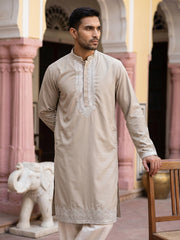 Men's Silk Blend Embroidered Kurta ( 65KO 5554Beige ) [FF] [B-10]