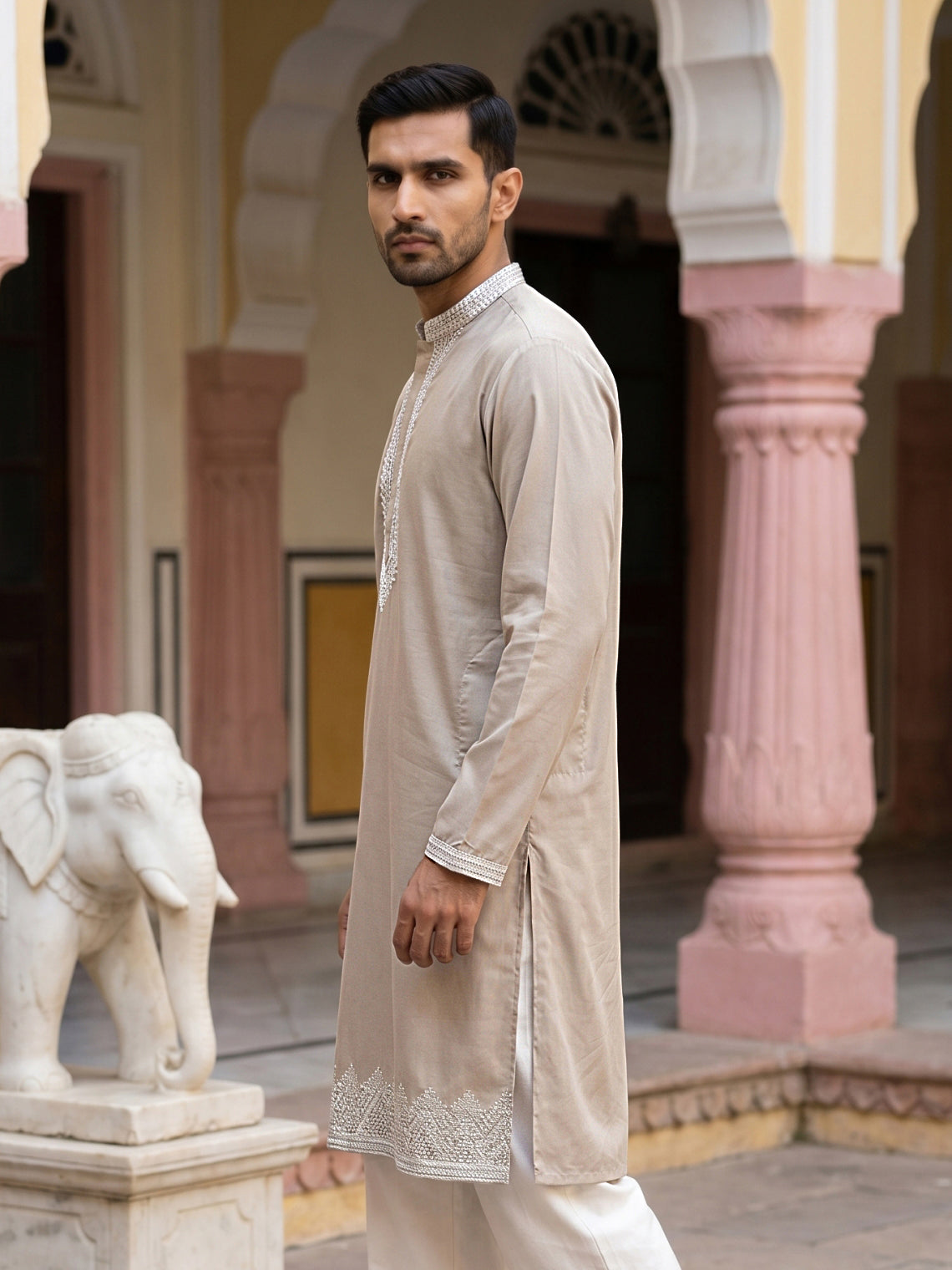DesiQlo Men Embroidered Kurta Only - Beige - 65KO_5554Beige_S