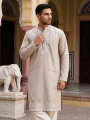 Men's Silk Blend Embroidered Kurta ( 65KO 5554Beige ) [FF] [B-10]