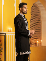 Men's Silk Blend Embroidered Kurta ( 65KO 5554Black ) [FF] [B-10]