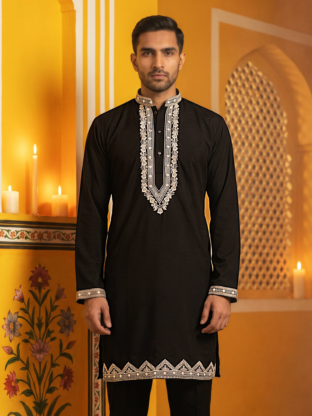 DesiQlo Men Embroidered Kurta Only - Black - 65KO_5554Black_S
