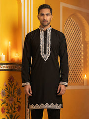 Men's Silk Blend Embroidered Kurta ( 65KO 5554Black ) [FF] [B-10]