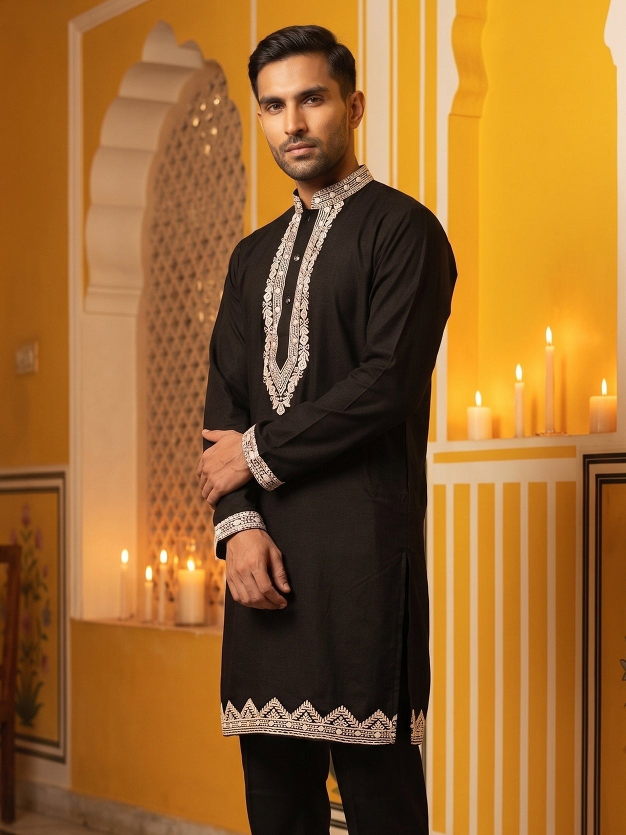 DesiQlo Men Embroidered Kurta Only - Black - 65KO_5554Black_S