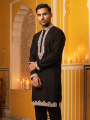 Men's Silk Blend Embroidered Kurta ( 65KO 5554Black ) [FF] [B-10]