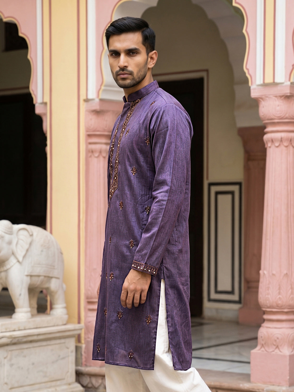 DesiQlo Men Embroidered Kurta Only - Purple - 65KO_5555Purple_S